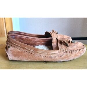 UGG Ansley Brown Tan Suede Leather US 7 Slippers Loafers Comfy Cozy Shearling